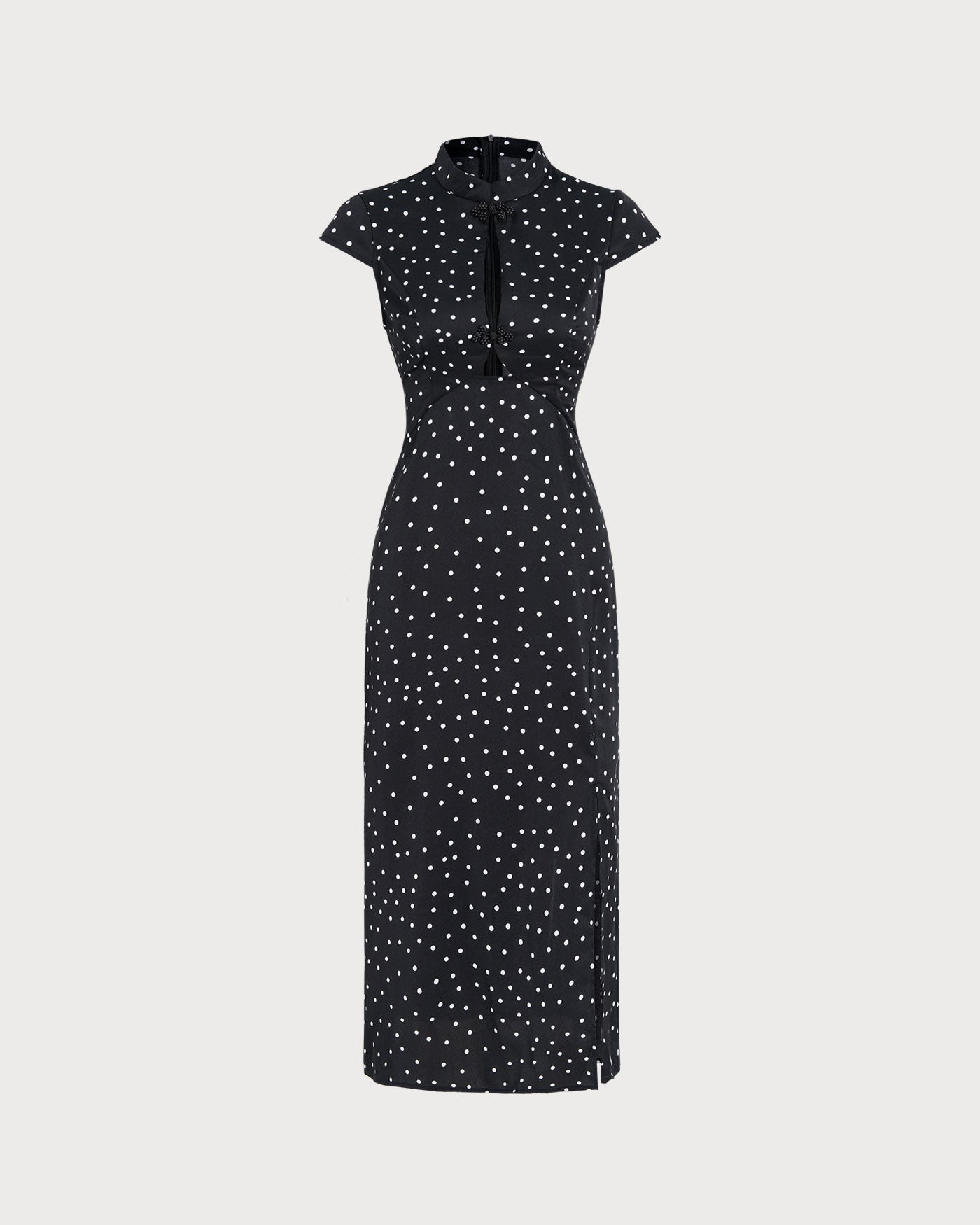 Black Mandarin Collar Polka Dot Midi Dress | Rihoas