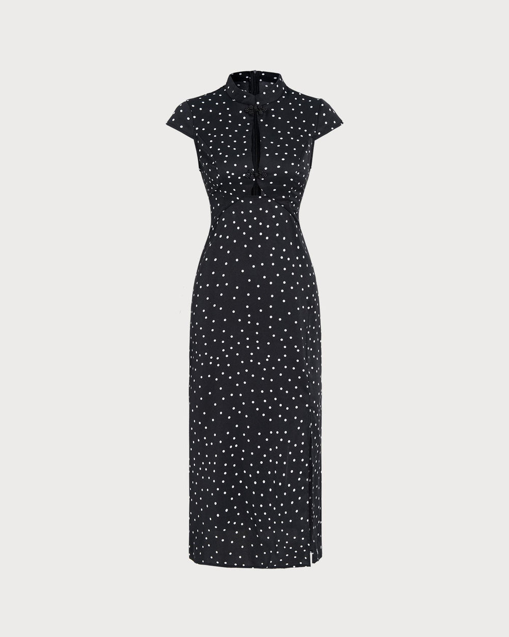 Black Mandarin Collar Polka Dot Midi Dress | Rihoas