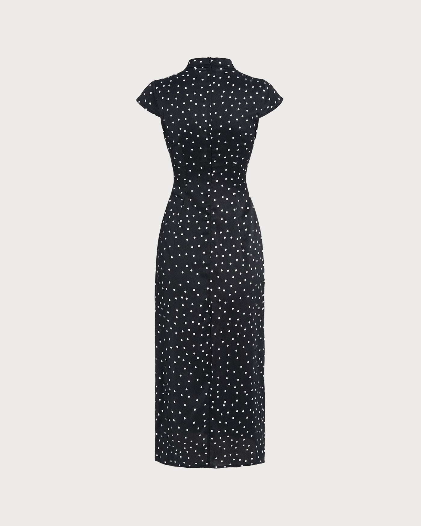 Black Mandarin Collar Polka Dot Midi Dress | Rihoas