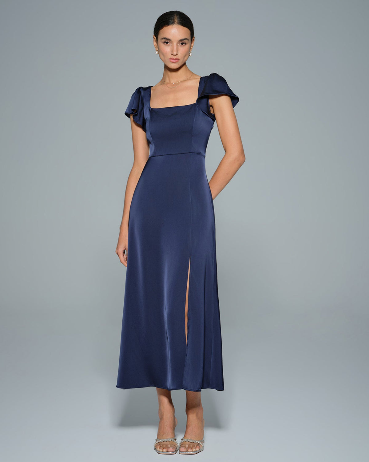 Navy Square Neck Satin Maxi Dress | Rihoas