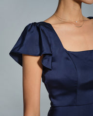 Navy Square Neck Satin Maxi Dress | Rihoas