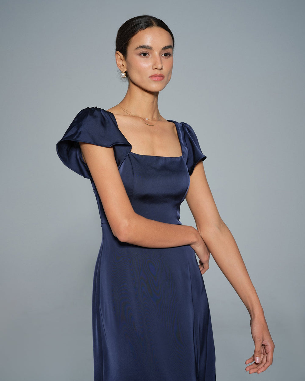 Navy Square Neck Satin Maxi Dress | Rihoas