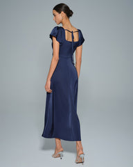 Navy Square Neck Satin Maxi Dress | Rihoas