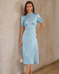 Blue Puffed Sleeve Backless Satin Midi Dress | Rihoas
