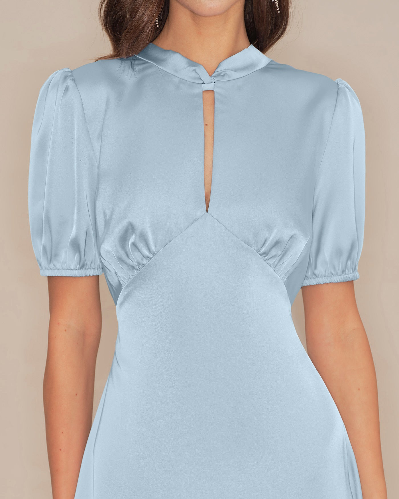 Blue Puffed Sleeve Backless Satin Midi Dress | Rihoas