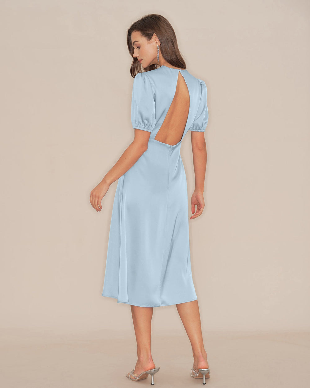 Blue Puffed Sleeve Backless Satin Midi Dress | Rihoas