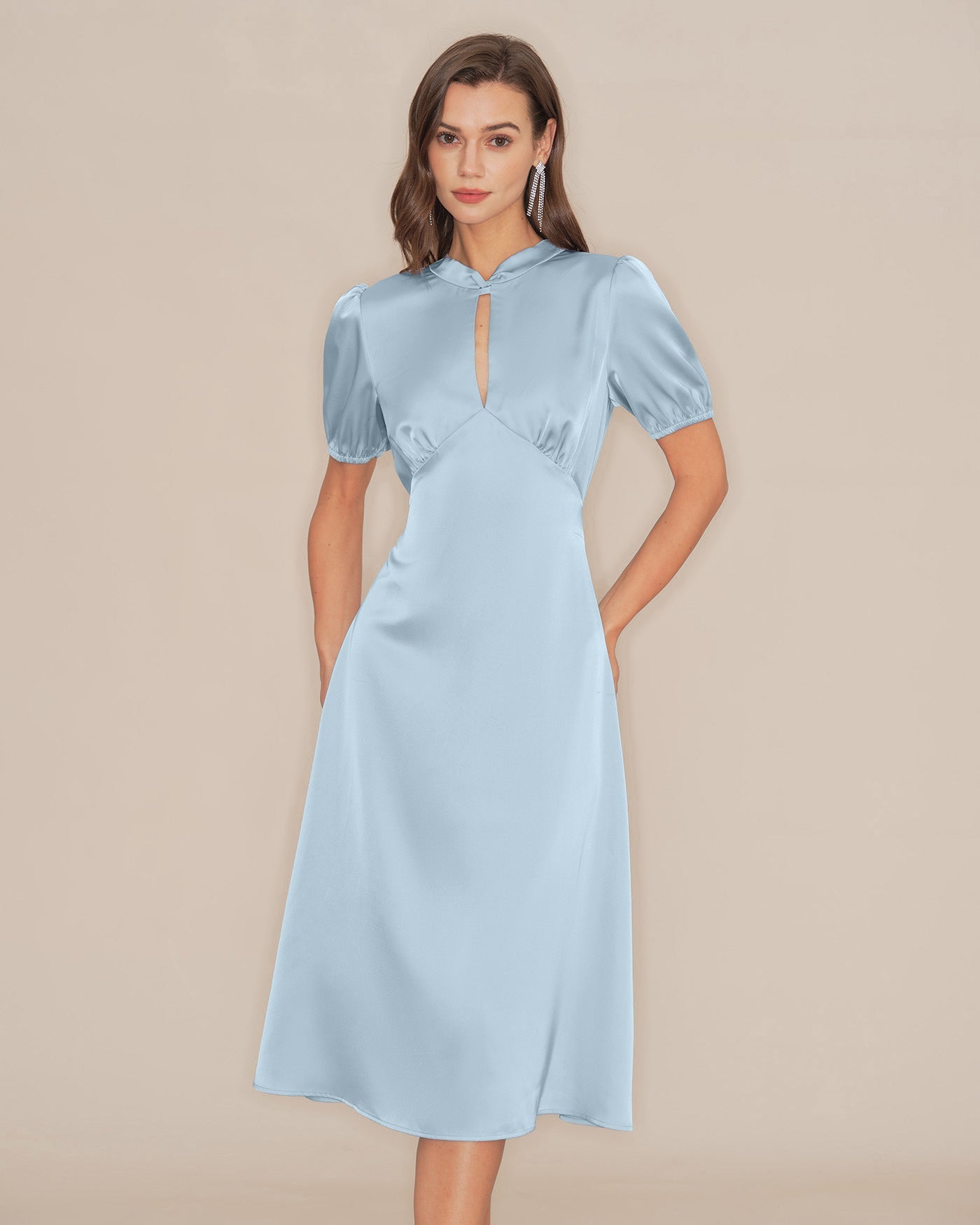 Blue Puffed Sleeve Backless Satin Midi Dress | Rihoas