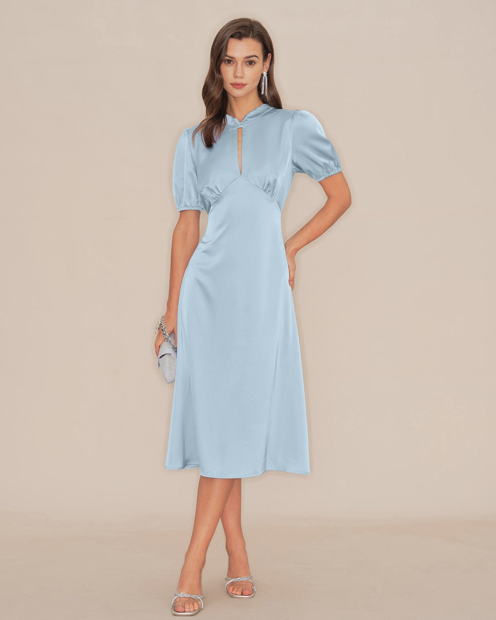 Blue Puffed Sleeve Backless Satin Midi Dress | Rihoas