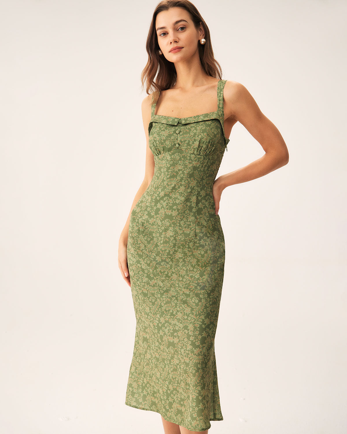 Green Floral Square Neck Slip Midi Dress | Rihoas