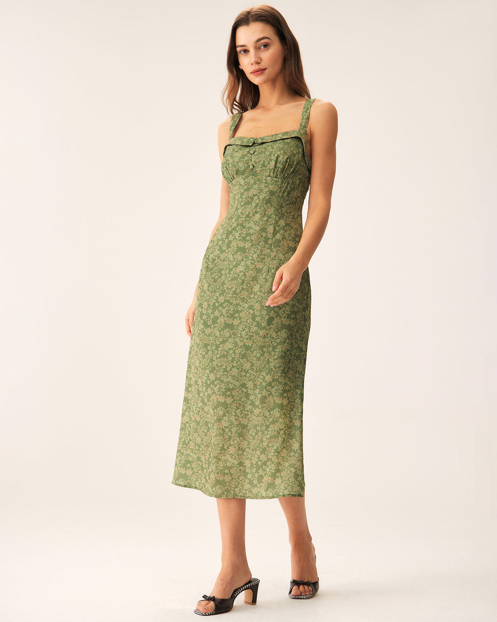Green Floral Square Neck Slip Midi Dress | Rihoas