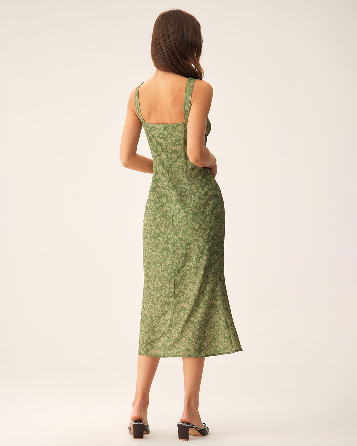 Green Floral Square Neck Slip Midi Dress | Rihoas