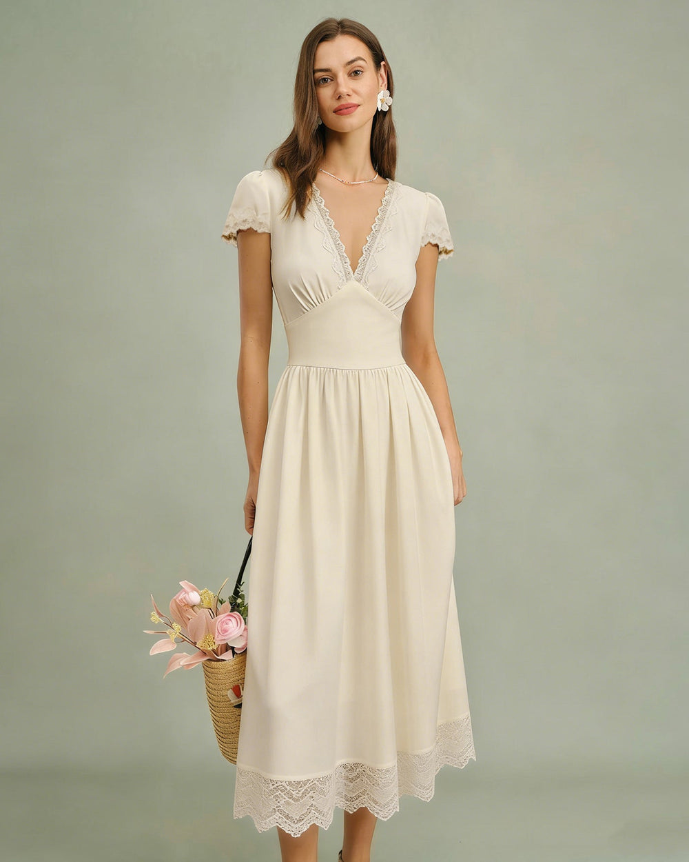 Apricot V Neck Lace Maxi Dress | Rihoas