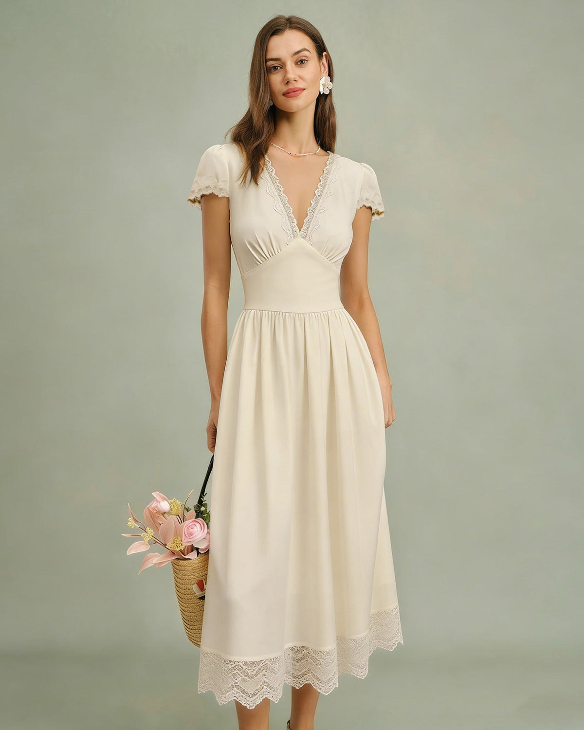 Apricot V Neck Lace Maxi Dress | Rihoas