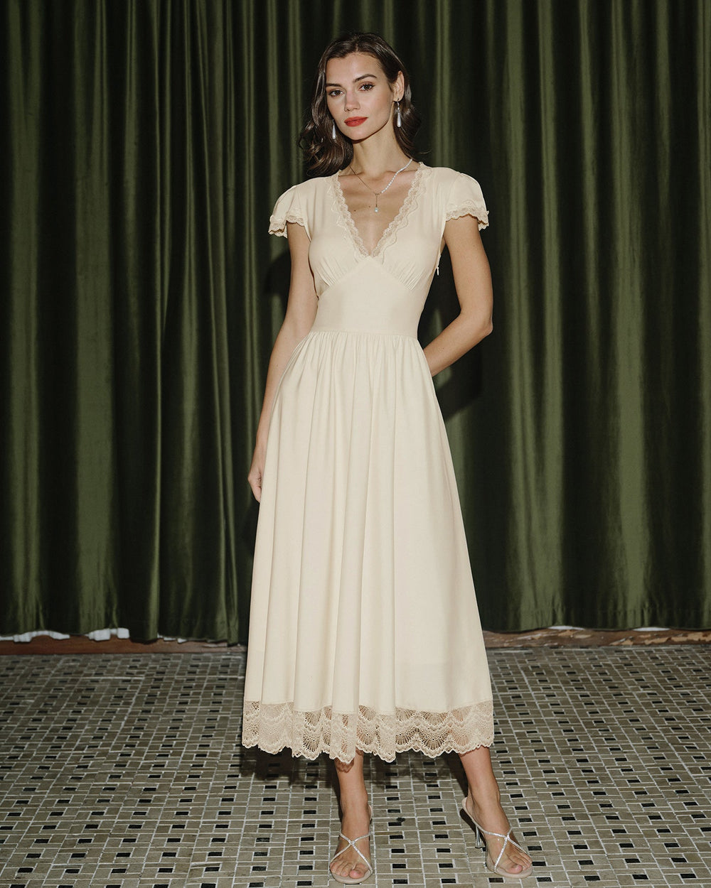 Apricot V Neck Lace Maxi Dress | Rihoas
