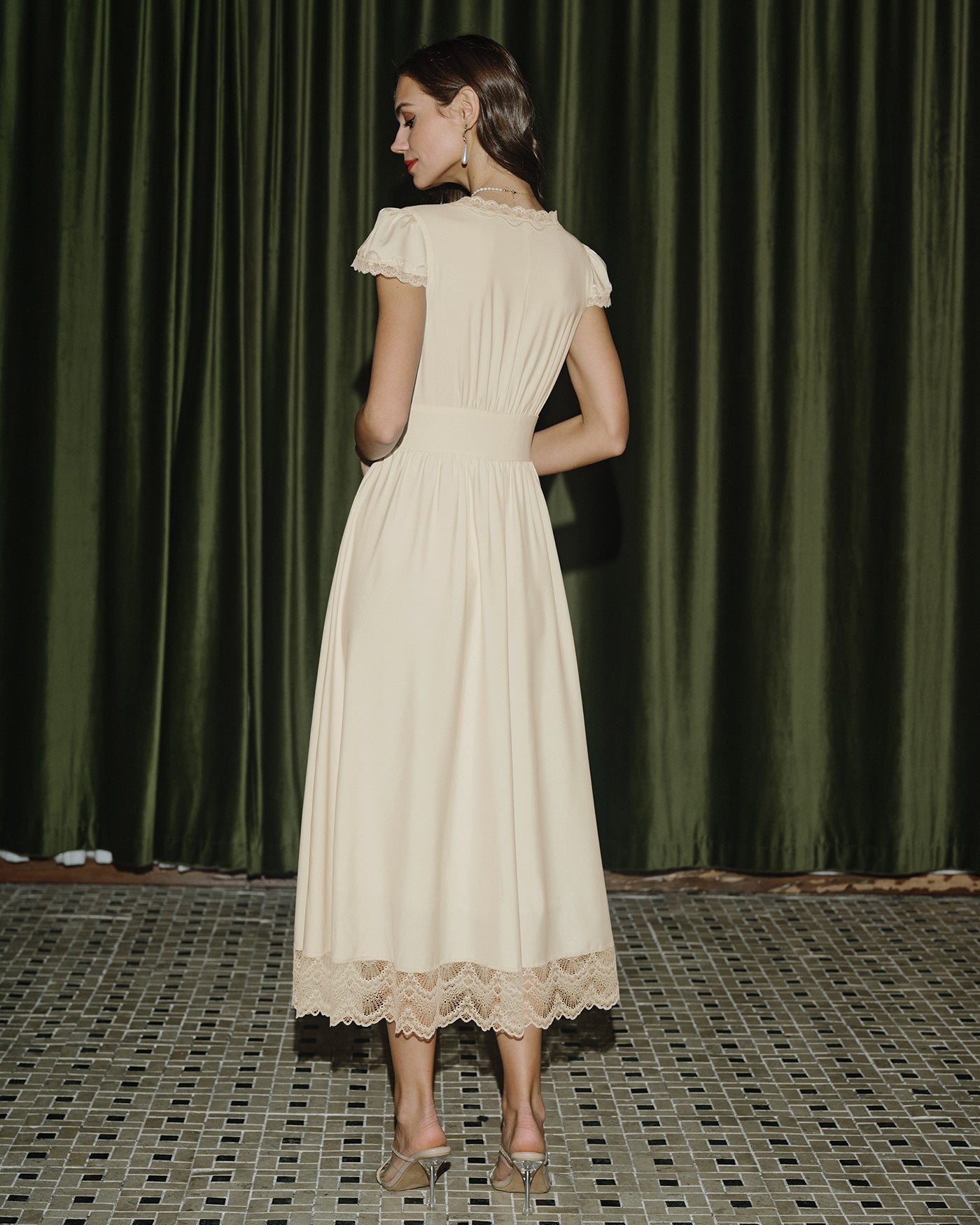 Apricot V Neck Lace Maxi Dress | Rihoas