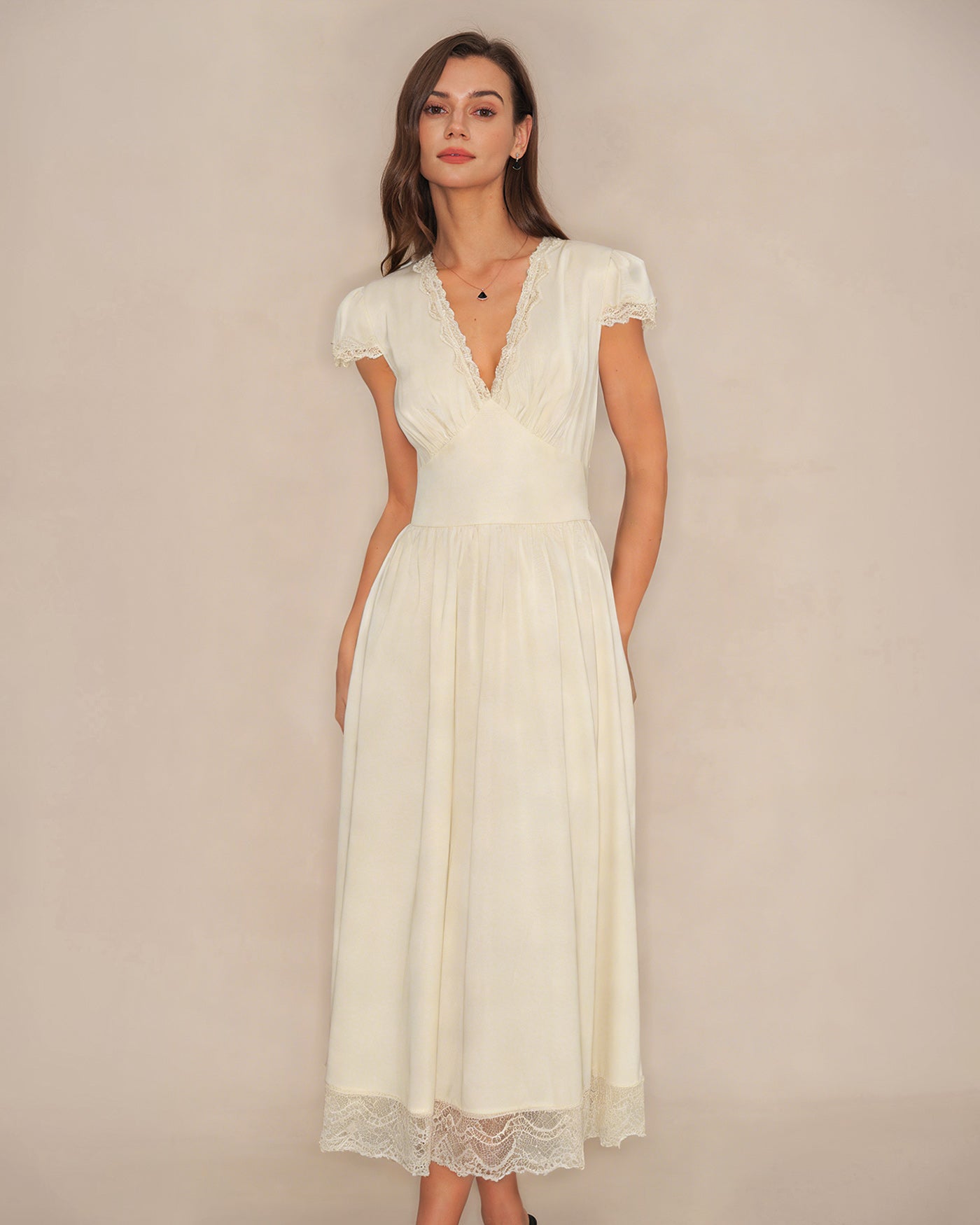 Apricot V Neck Lace Maxi Dress | Rihoas