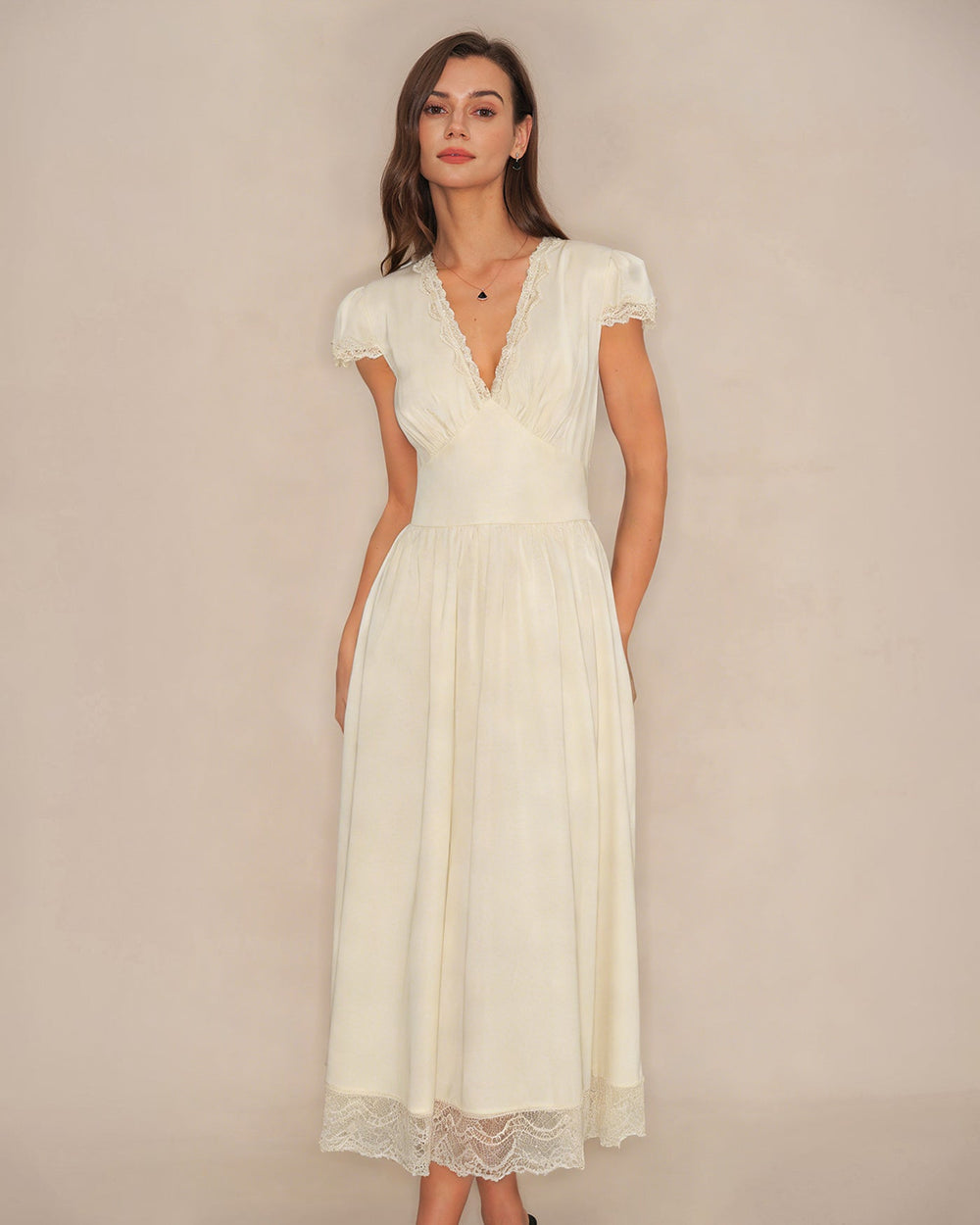 Apricot V Neck Lace Maxi Dress | Rihoas