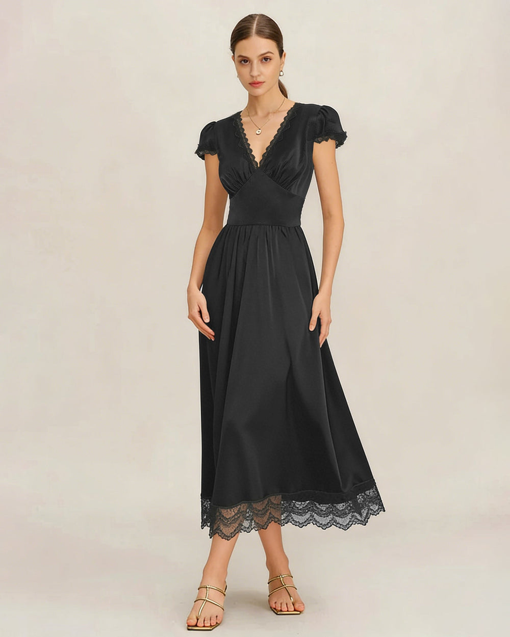 Black V Neck Lace Puffed Sleeve Maxi Dress | Rihoas