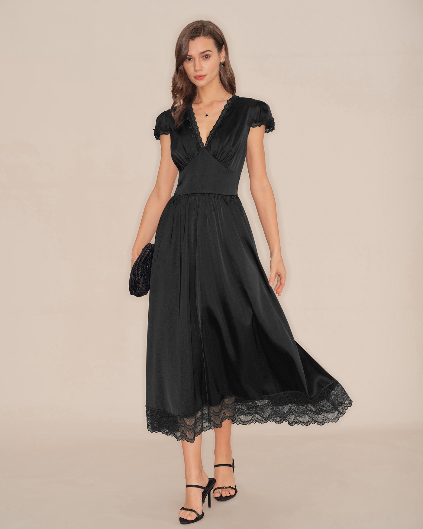 Black V Neck Lace Puffed Sleeve Maxi Dress | Rihoas