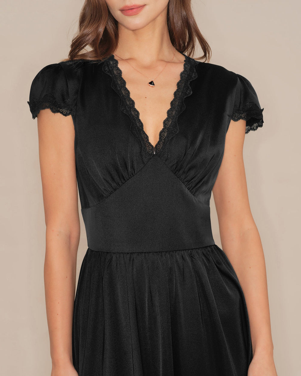 Black V Neck Lace Puffed Sleeve Maxi Dress | Rihoas