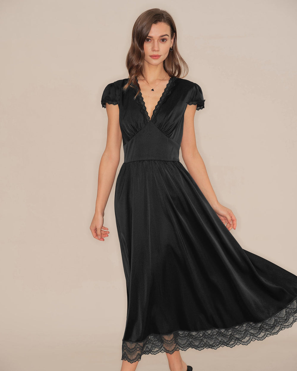 Black V Neck Lace Puffed Sleeve Maxi Dress | Rihoas