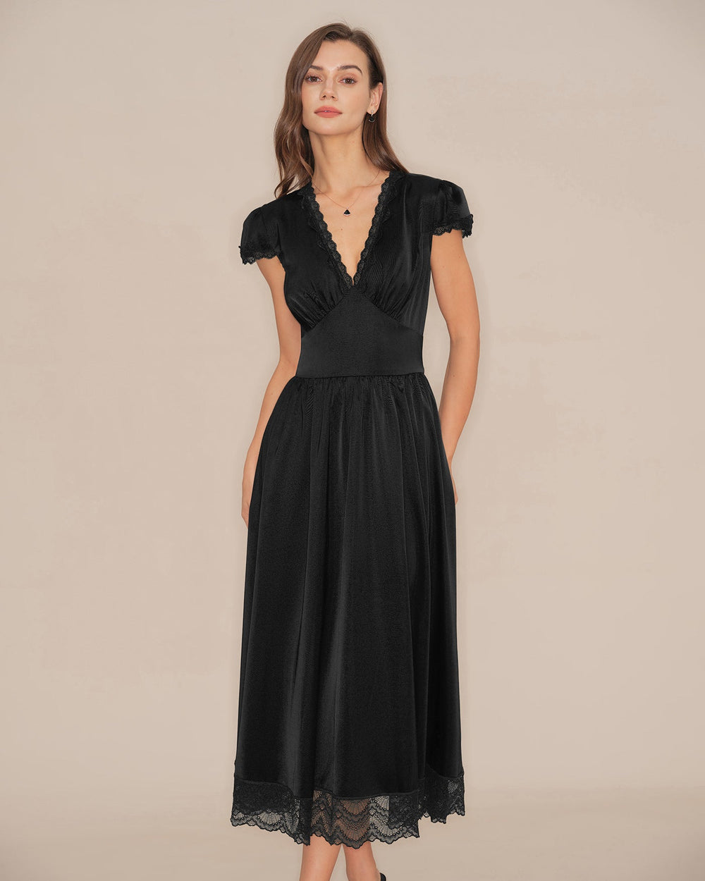 Black V Neck Lace Puffed Sleeve Maxi Dress | Rihoas