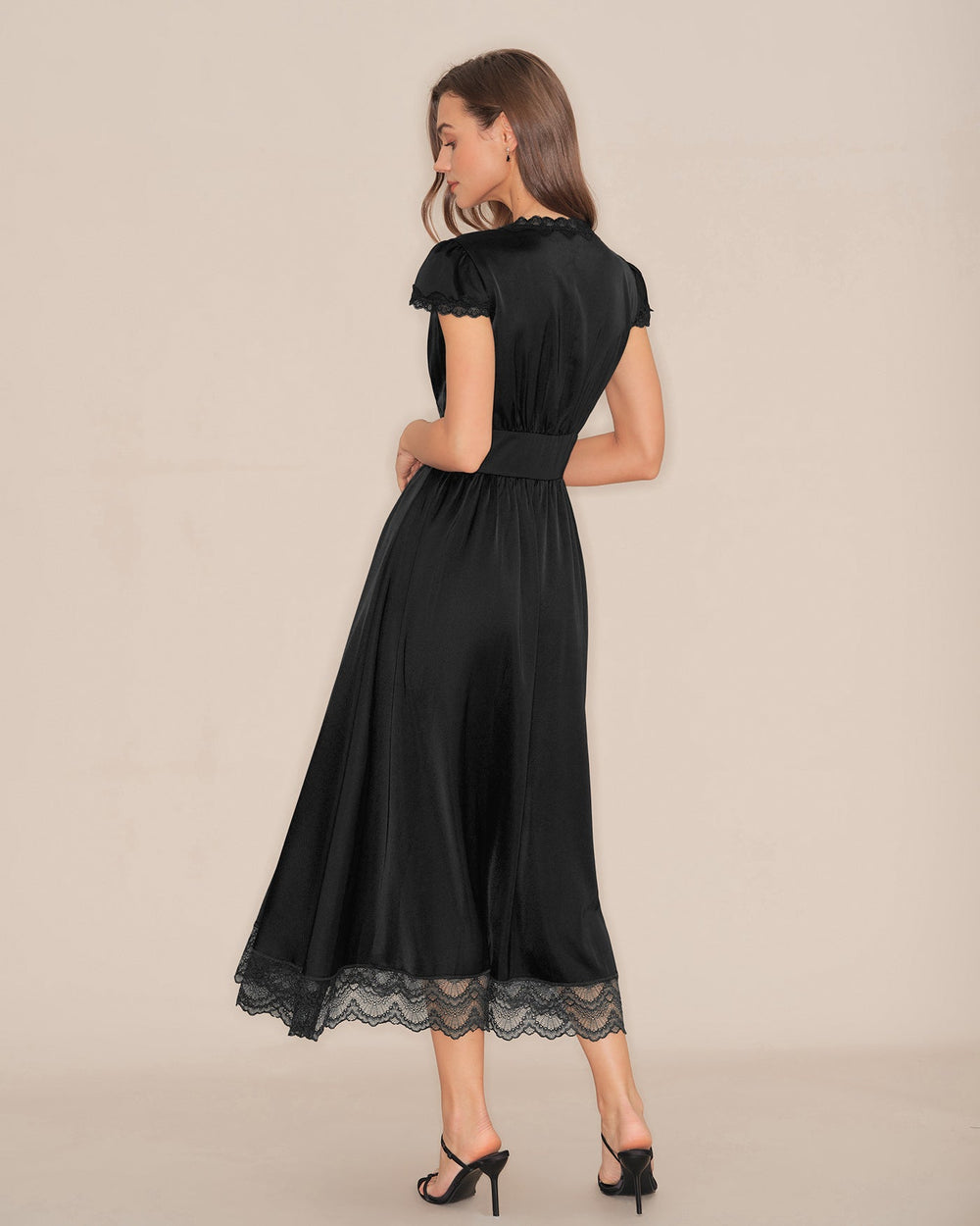 Black V Neck Lace Puffed Sleeve Maxi Dress | Rihoas