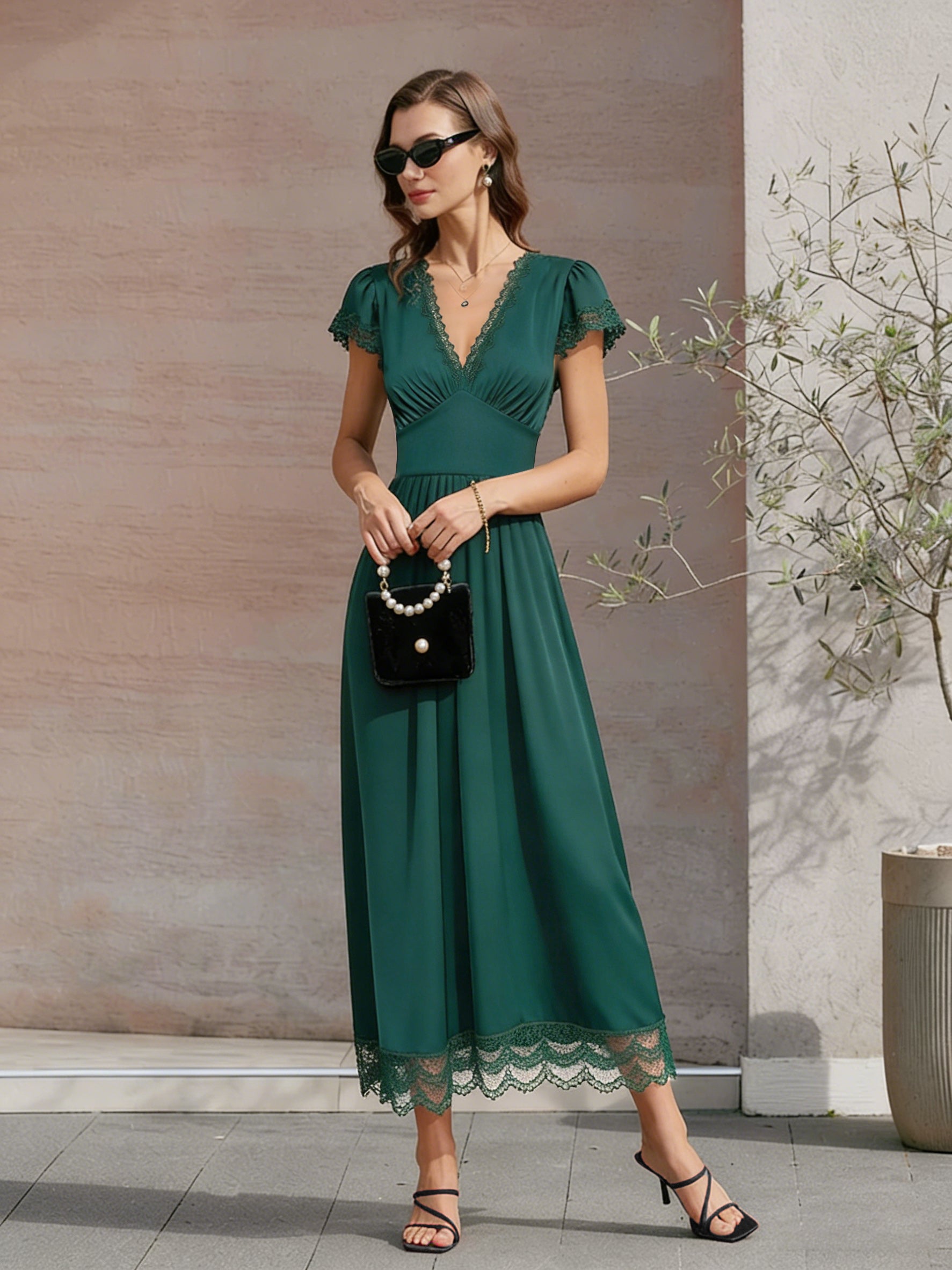 Green V Neck Lace Maxi Dress | Rihoas
