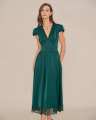 Green V Neck Lace Maxi Dress | Rihoas