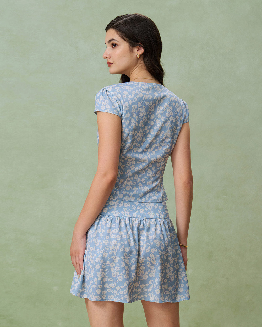 Blue Floral A-Line Mini Skirt | Rihoas