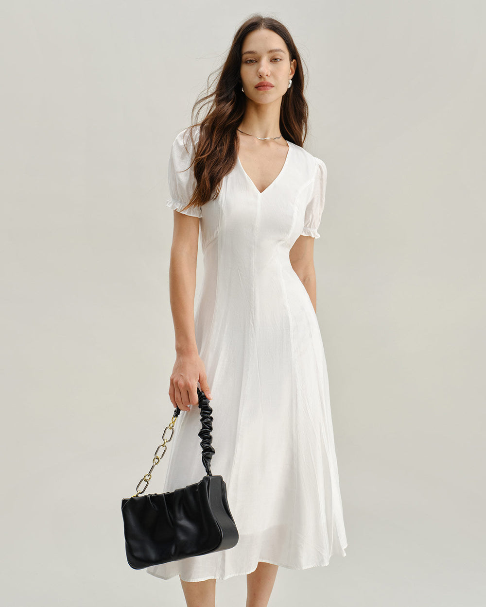White Puffed Sleeve V Neck Midi Dress | Rihoas