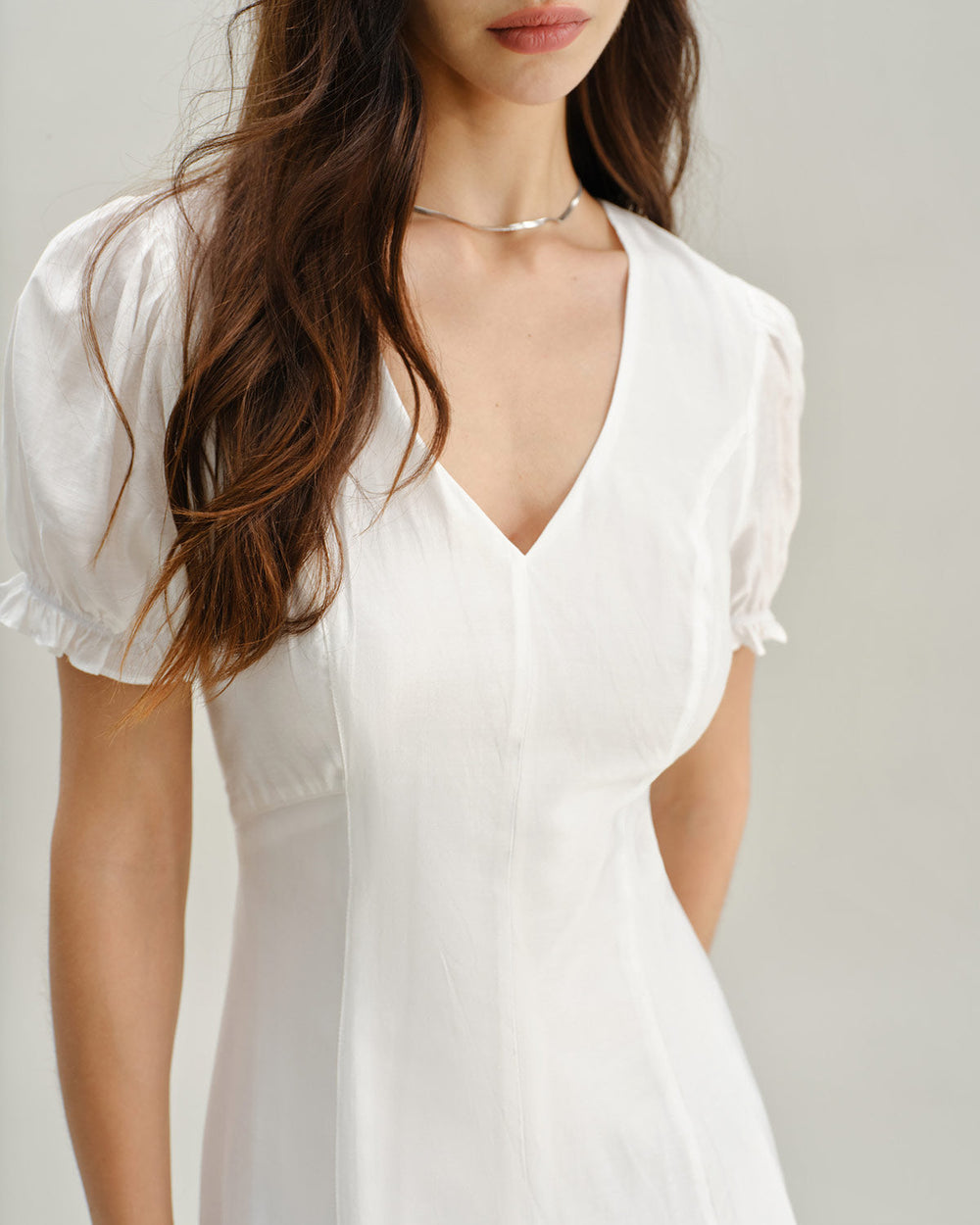 White Puffed Sleeve V Neck Midi Dress | Rihoas