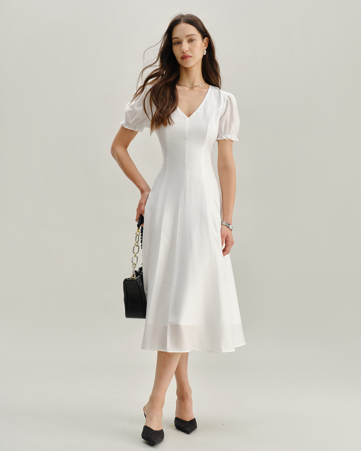 White Puffed Sleeve V Neck Midi Dress | Rihoas