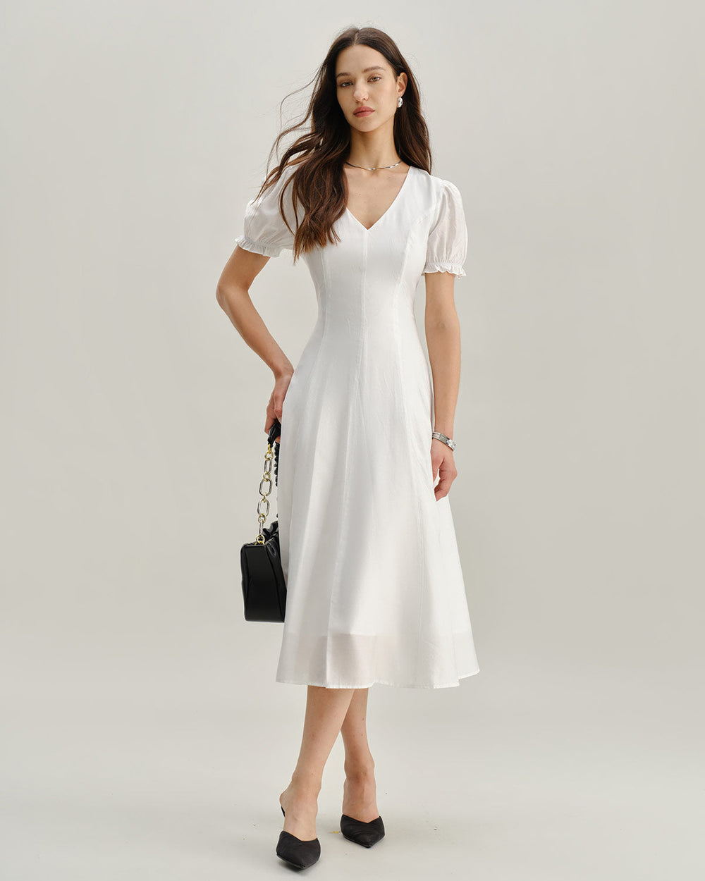 White Puffed Sleeve V Neck Midi Dress | Rihoas
