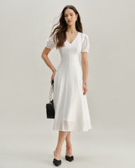 White Puffed Sleeve V Neck Midi Dress | Rihoas