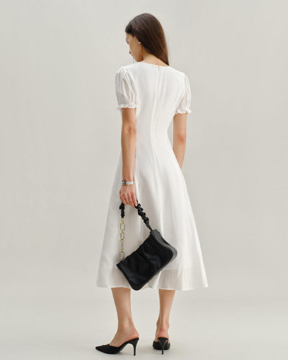 White Puffed Sleeve V Neck Midi Dress | Rihoas