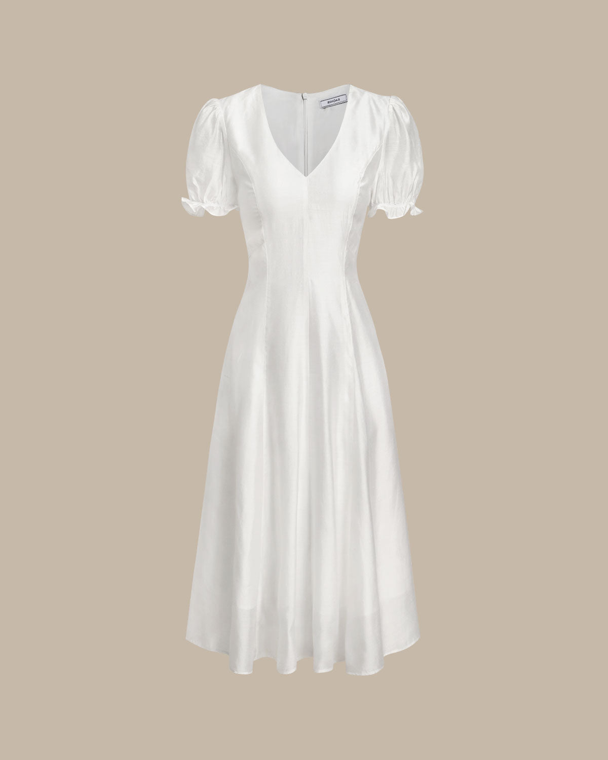White Puffed Sleeve V Neck Midi Dress | Rihoas