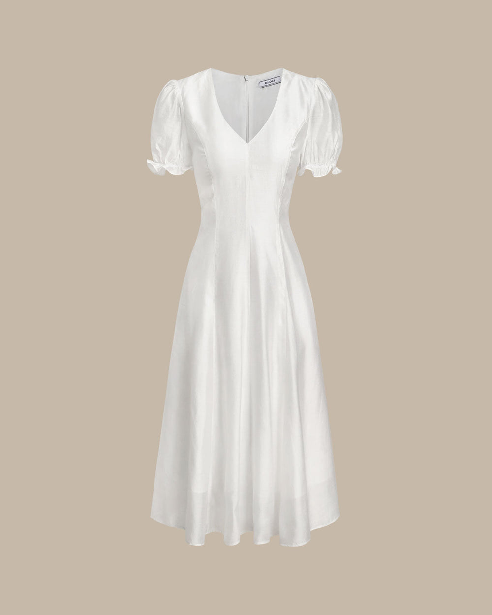 White Puffed Sleeve V Neck Midi Dress | Rihoas