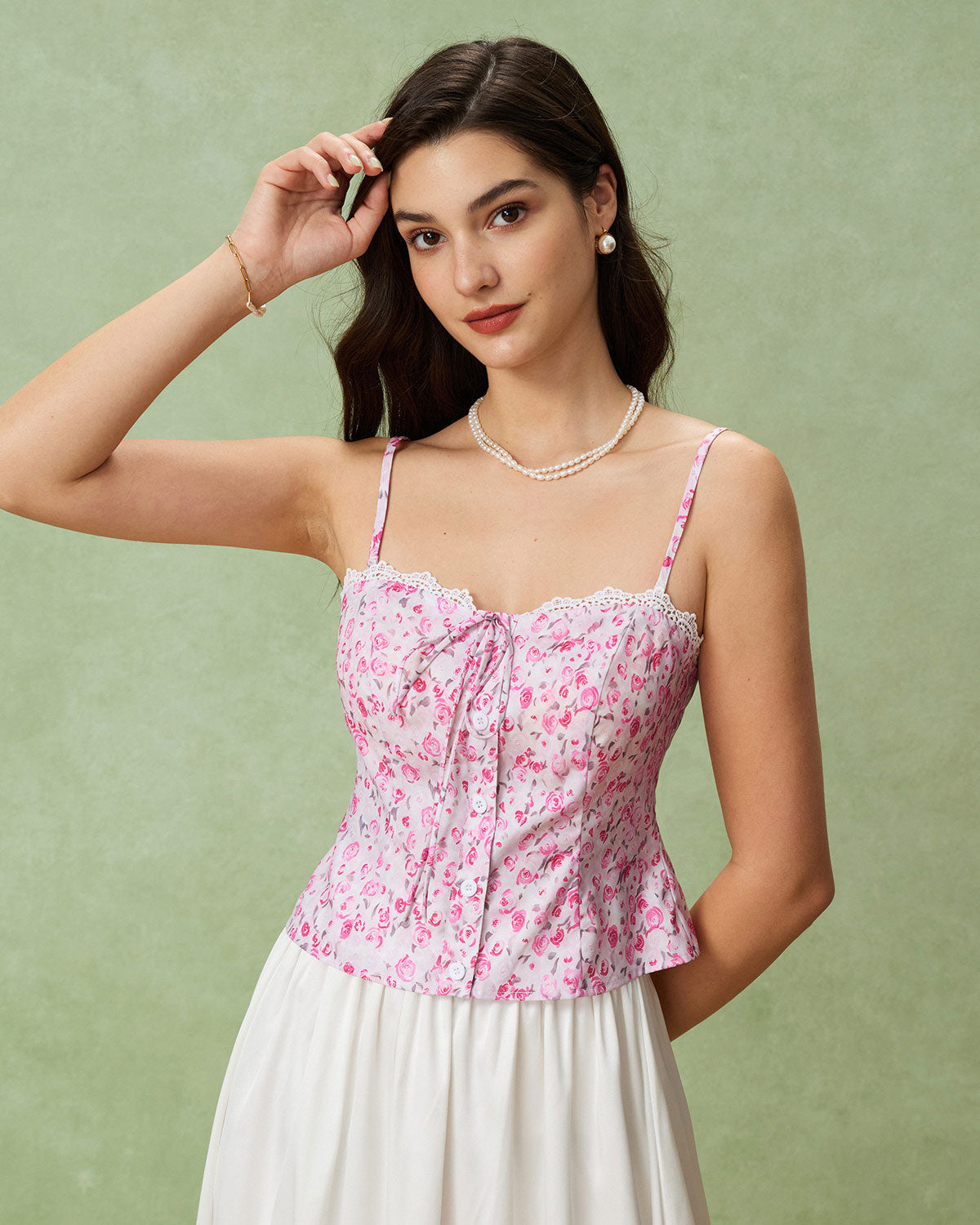 Pink Floral Sweetheart Neck Cami Top | Rihoas