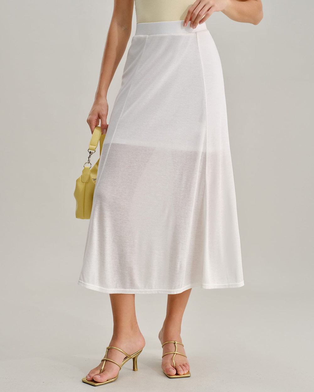 White Elastic Waist Straight Midi Skirt | Rihoas