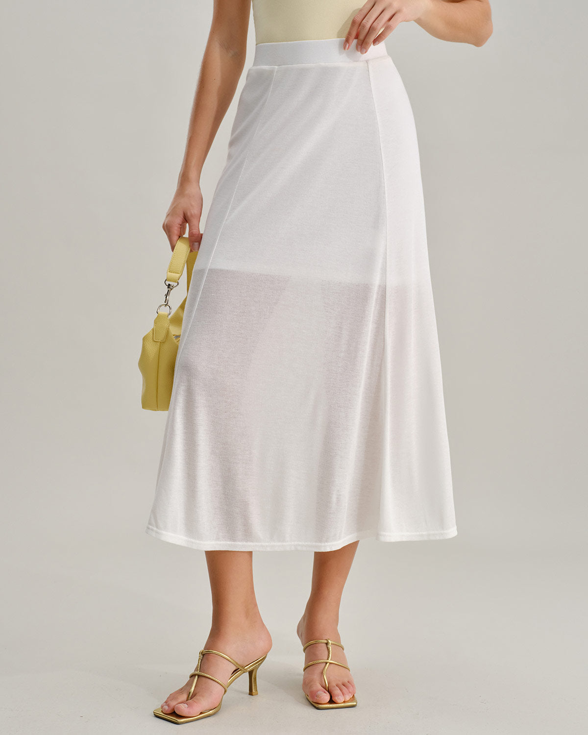 White Elastic Waist Straight Midi Skirt | Rihoas