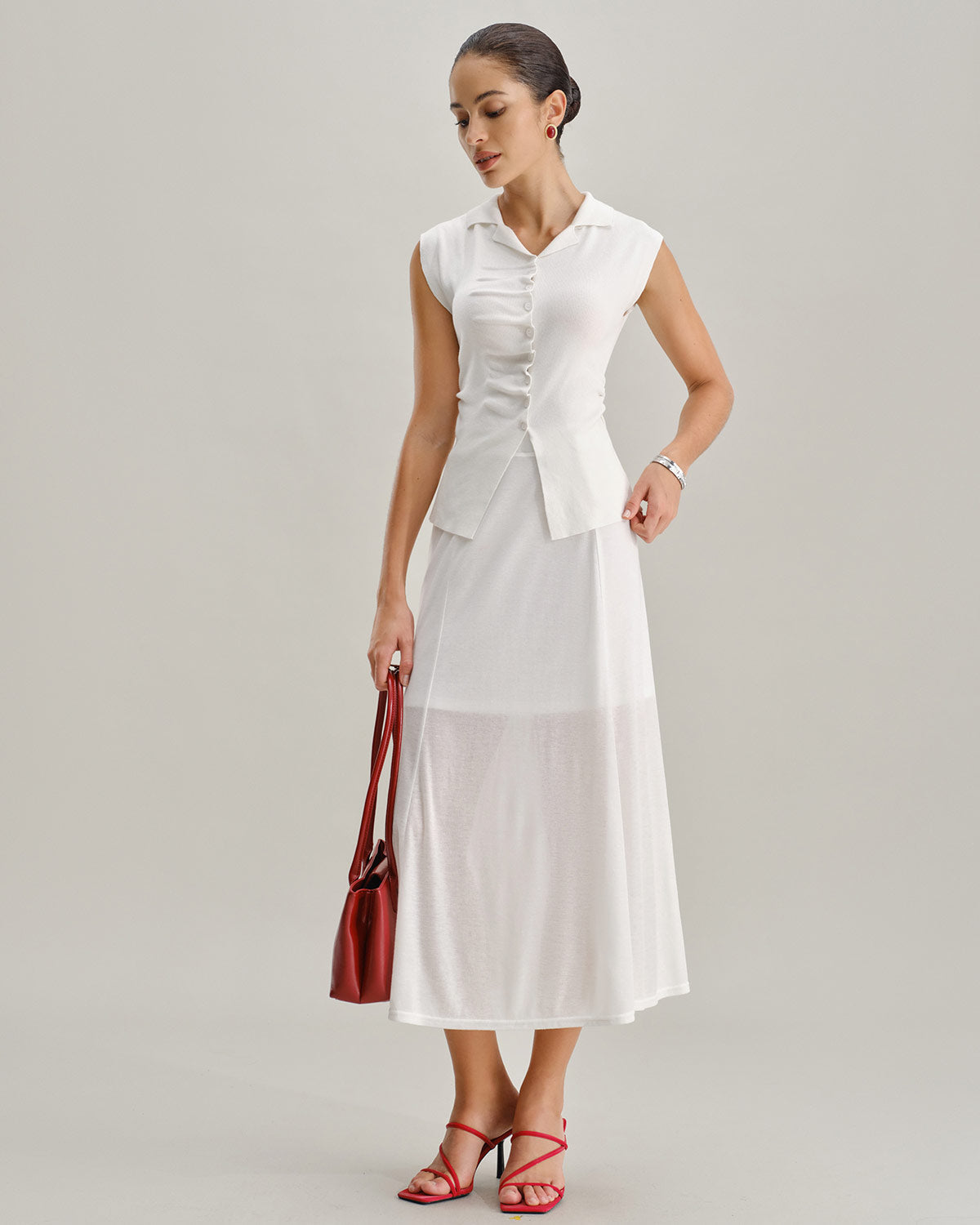 White Elastic Waist Straight Midi Skirt | Rihoas
