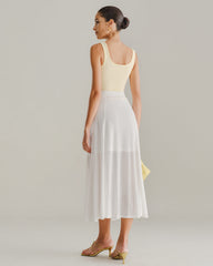 White Elastic Waist Straight Midi Skirt | Rihoas