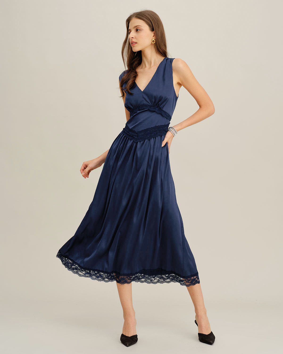 Blue V Neck A-Line Sleeveless Midi Dress | Rihoas