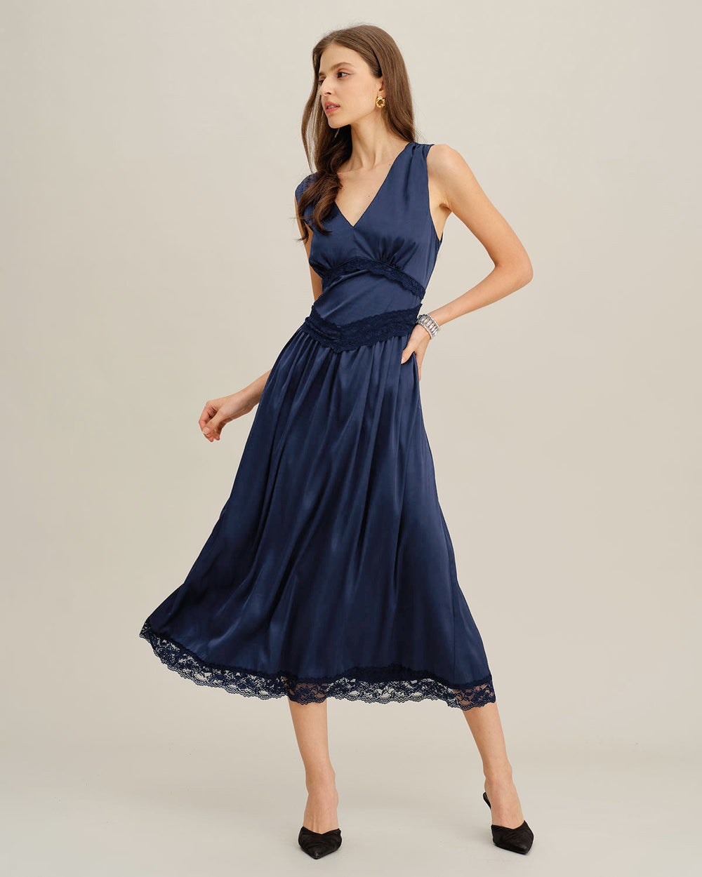 Blue V Neck A-Line Sleeveless Midi Dress | Rihoas