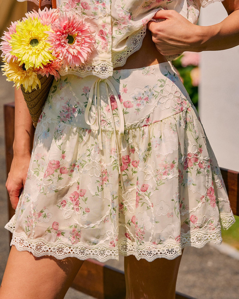 Floral Lace Tie Mini Skirt | Rihoas
