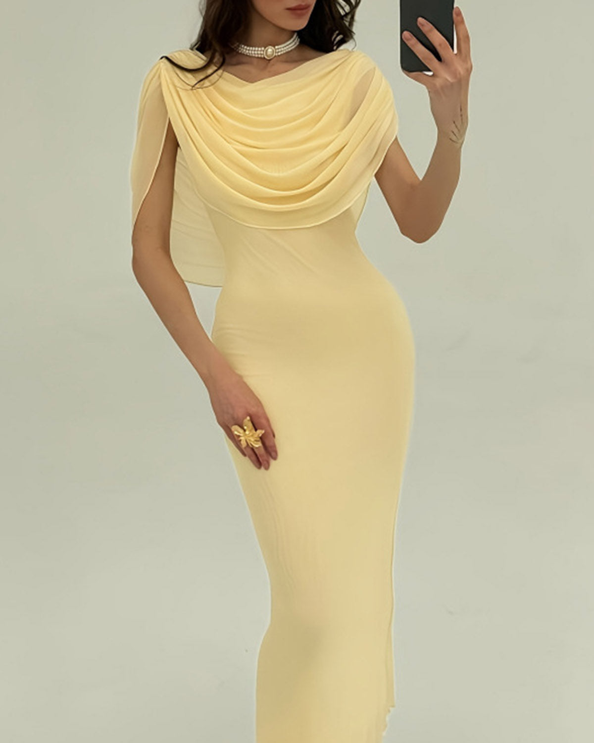 Yellow Cowl Neck Sleeveless Maxi Dress | Rihoas