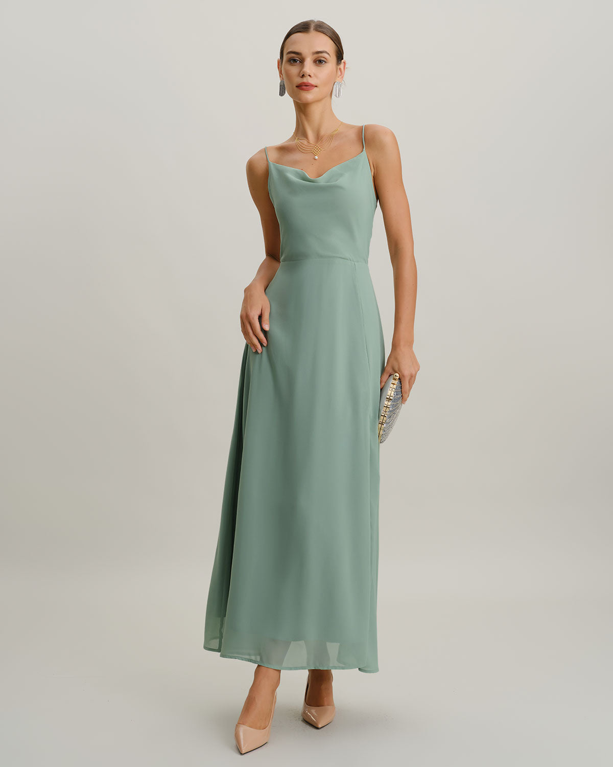 Green A-Line Backless Slip Maxi Dress | Rihoas