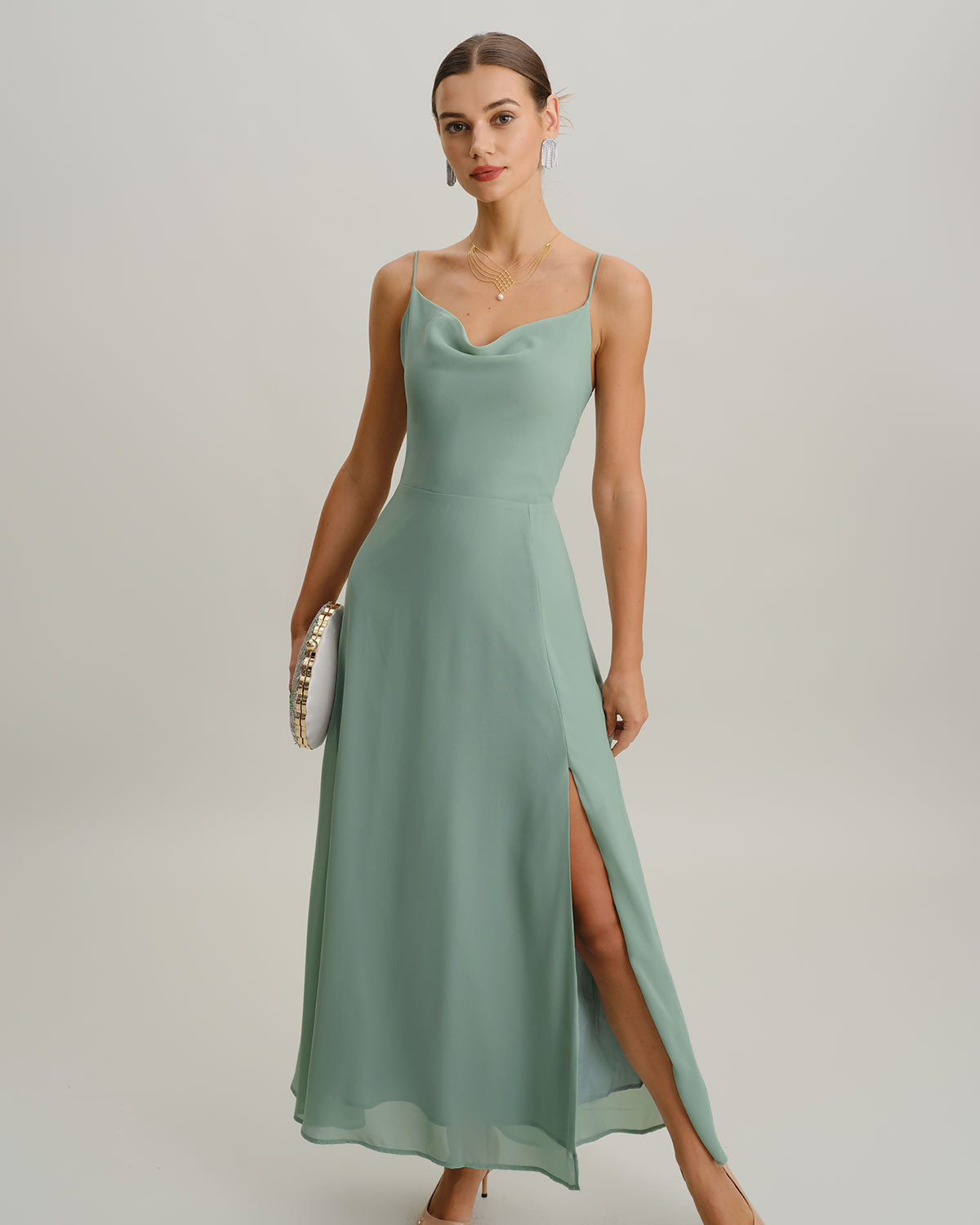 Green A-Line Backless Slip Maxi Dress | Rihoas
