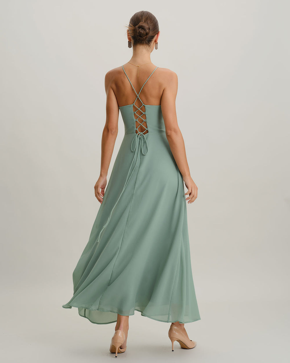 Green A-Line Backless Slip Maxi Dress | Rihoas